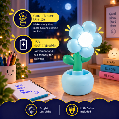 Lexton 9-Inch Flower LED Table Lamp with Pen Holder | Rechargeable Kids Study Light