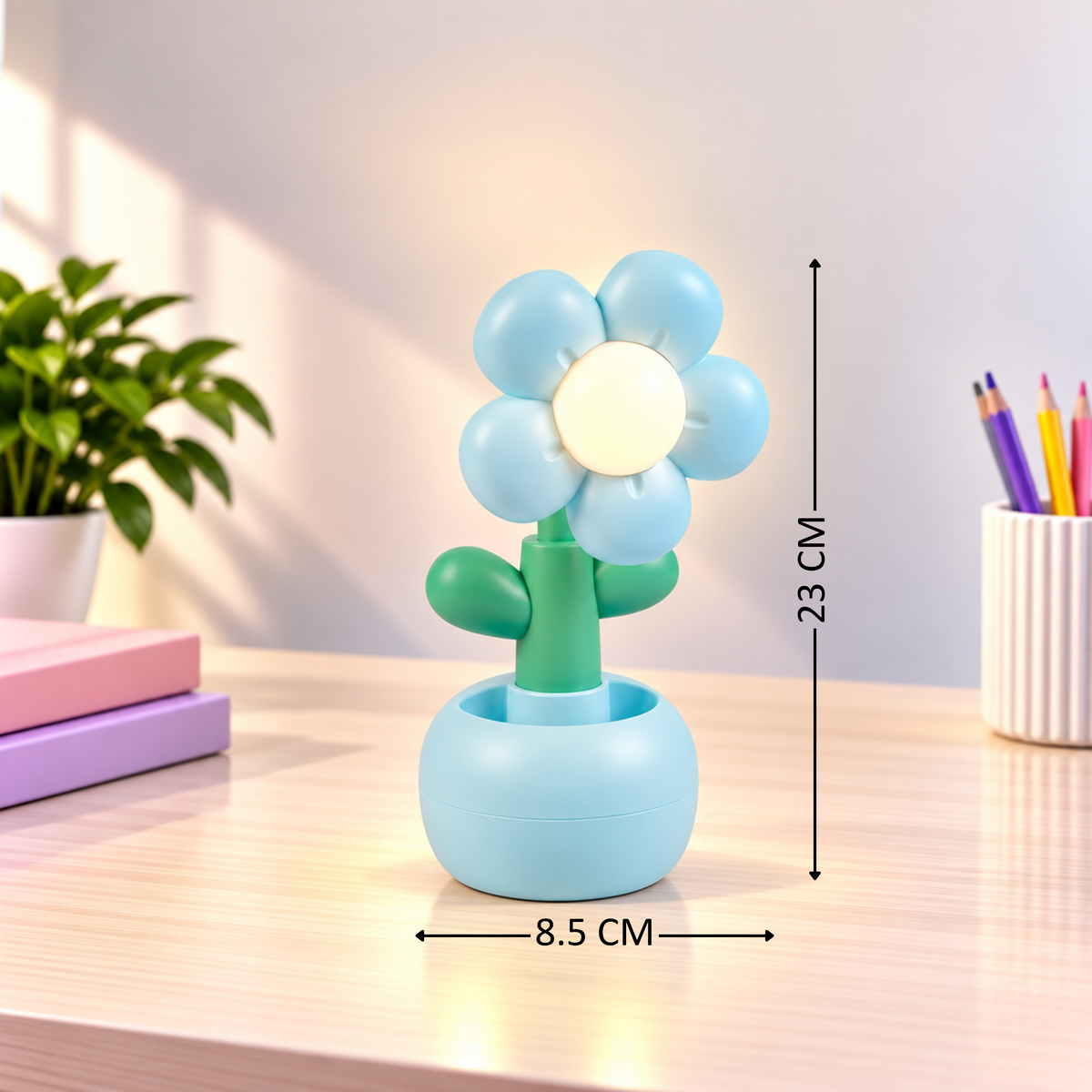 Lexton 9-Inch Flower LED Table Lamp with Pen Holder | Rechargeable Kids Study Light