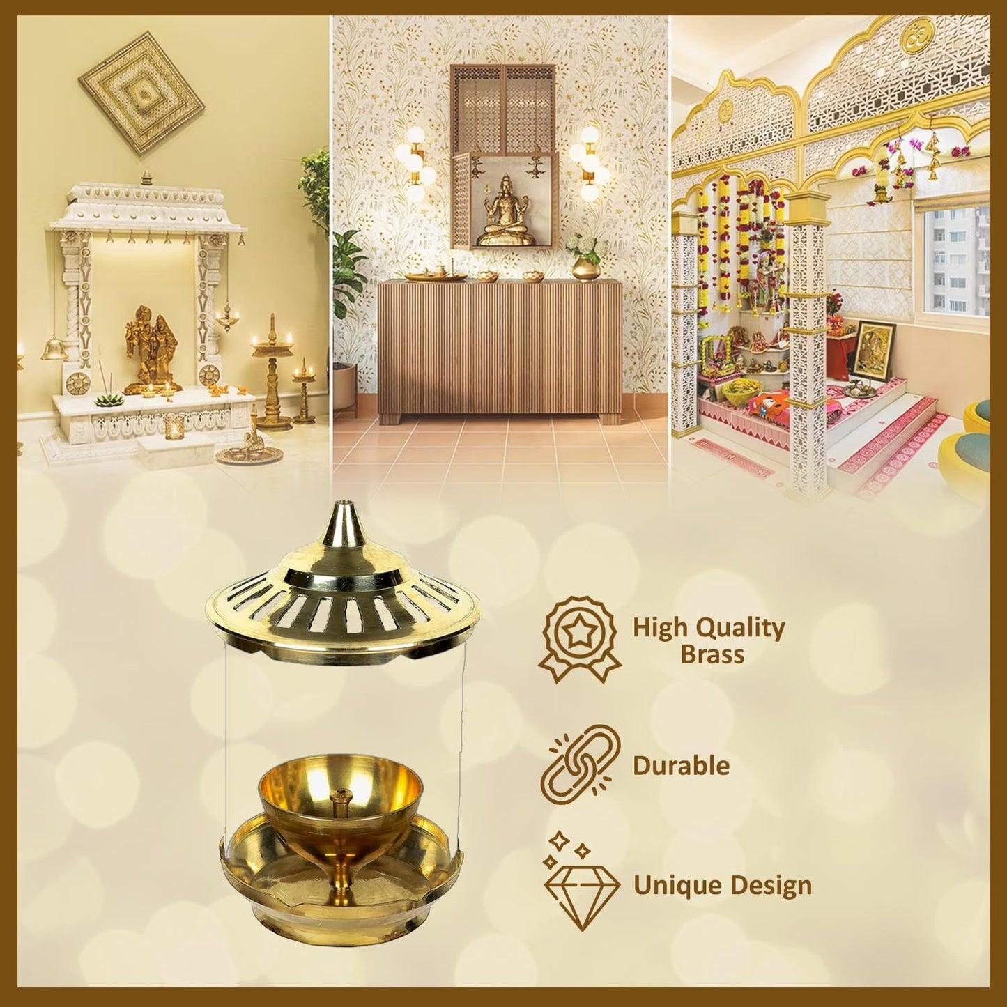 Klassic Kumbha Large Brass Akhand Diya with Glass Shade – 7 Inch