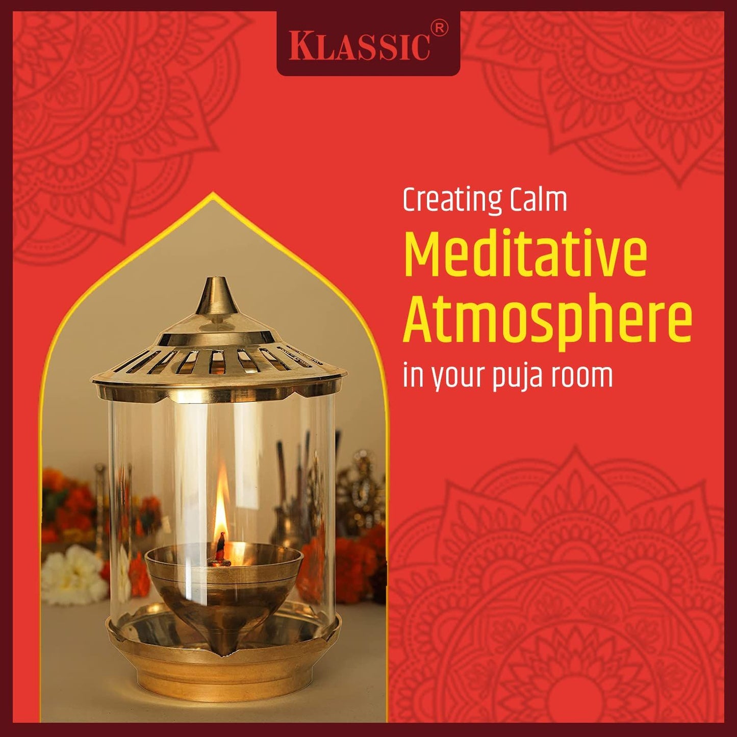 Klassic Kumbha Large Brass Akhand Diya with Glass Shade – 7 Inch