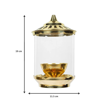 Klassic Kumbha Large Brass Akhand Diya with Glass Shade – 7 Inch