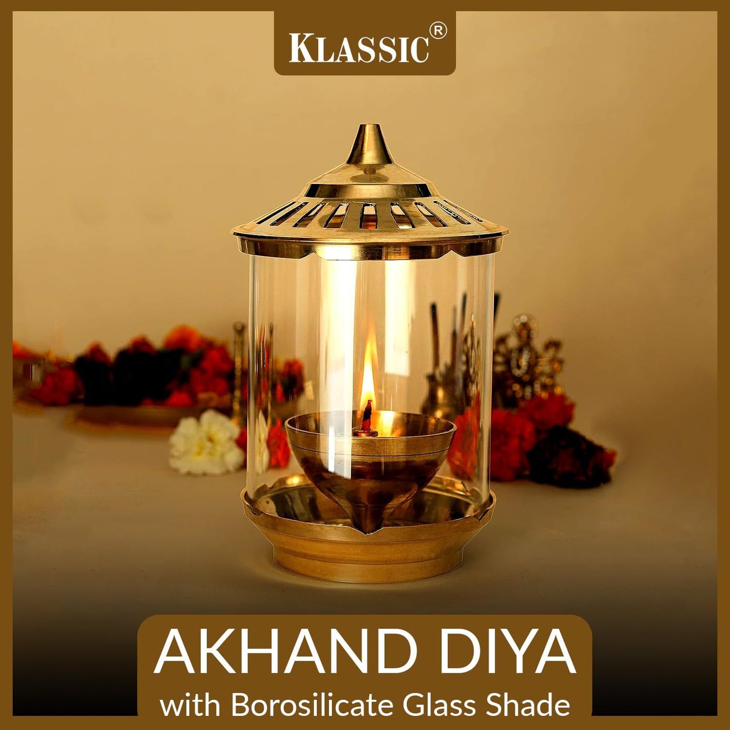 Klassic Kumbha Large Brass Akhand Diya with Glass Shade – 7 Inch