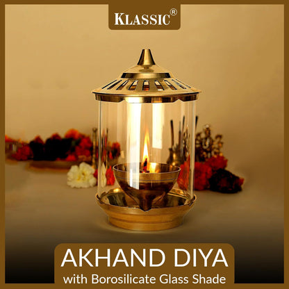 Klassic Kumbha Large Brass Akhand Diya with Glass Shade – 7 Inch