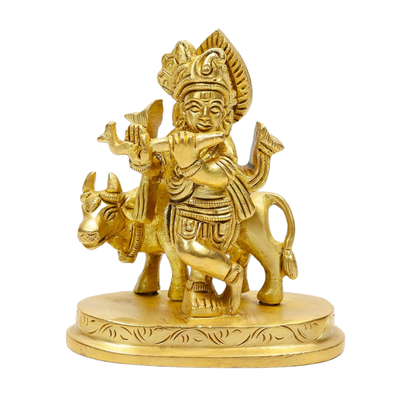 Klassic 2.5 Inch Pure Brass Krishna Statue with Cow idol