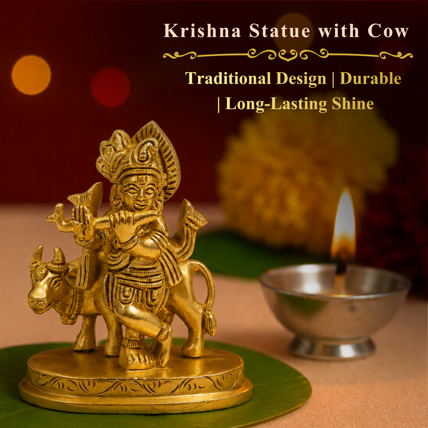 Klassic 2.5 Inch Pure Brass Krishna Statue with Cow idol