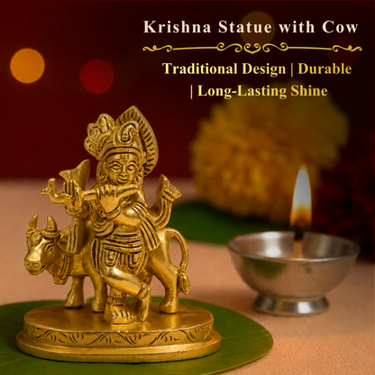 Klassic 2.5 Inch Pure Brass Krishna Statue with Cow idol