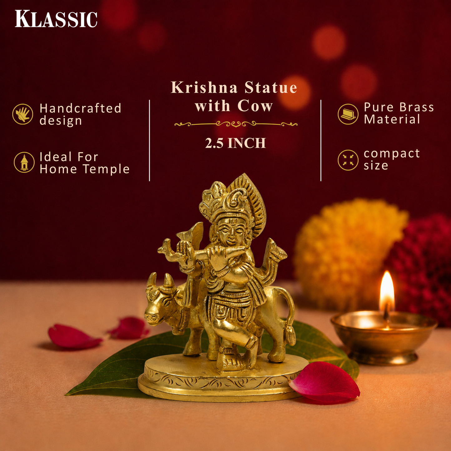 Klassic 2.5 Inch Pure Brass Krishna Statue with Cow idol