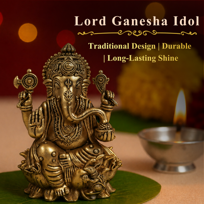 Klassic Lord Ganesha Idol 3.5 Inch | Pure Brass Antique Finish Murti | Pooja Mandir Décor | Diwali Gift
