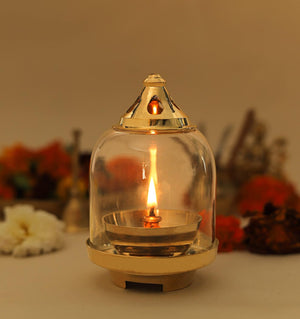 
                  
                    Klassic Prabha Akhand Diya | Curved Diya with Borosilicate Glass Shade | Diya for Pooja, Home Decoration & Gifts & Gold Lid for Jyoti Lighting in Bedroom & Mandir
                  
                