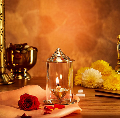 Klassic Navjyoti 4 Inch Brass Akhand Diya with Glass Shade