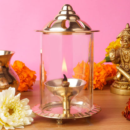 Klassic Navjyoti 4 Inch Brass Akhand Diya with Glass Shade