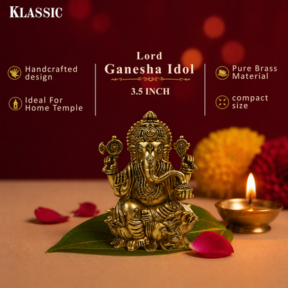 Klassic Lord Ganesha Idol 3.5 Inch | Pure Brass Antique Finish Murti | Pooja Mandir Décor | Diwali Gift