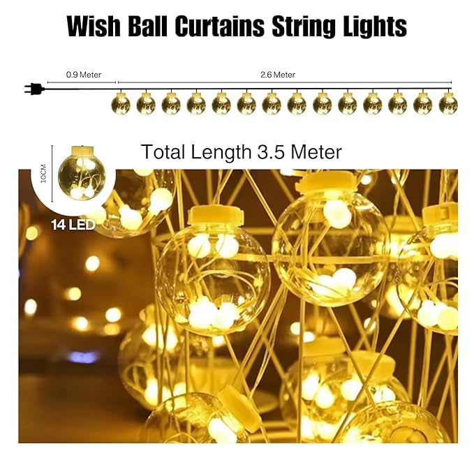 
                  
                    Lexton12 Wishing Ball LED Curtain String Lights with 8 Flashing Modes Lights for Home Decoration Wedding, Diwali, Party,Home Decor, Balcony Decoration (96 Led, Warm White)
                  
                