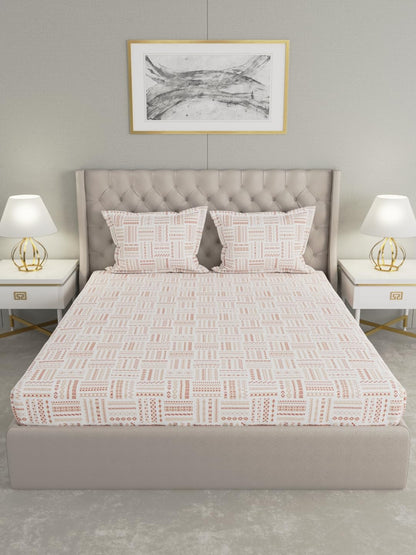 Raymond Home Elegance Double Bedsheet with 2 Pillow Covers | Geometric Patten 100% Cotton, King Sized, 300 TC, Cotton Rich (2.74 m X 2.74 m, 010408-BF02, Orange)