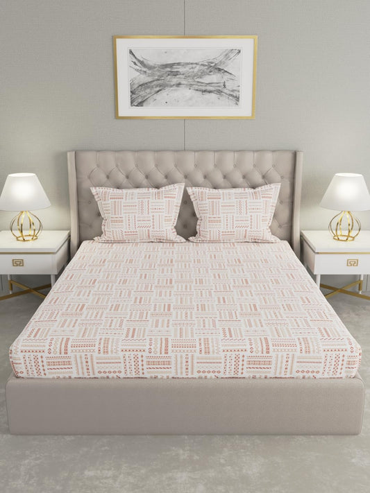 Raymond Home Elegance Double Bedsheet with 2 Pillow Covers | Geometric Patten 100% Cotton, King Sized, 300 TC, Cotton Rich (2.74 m X 2.74 m, 010408-BF02, Orange)