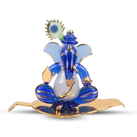 iCraft Ganesh Murti with Leaf | Handmade Crystal Glass Idol for Car & Home
