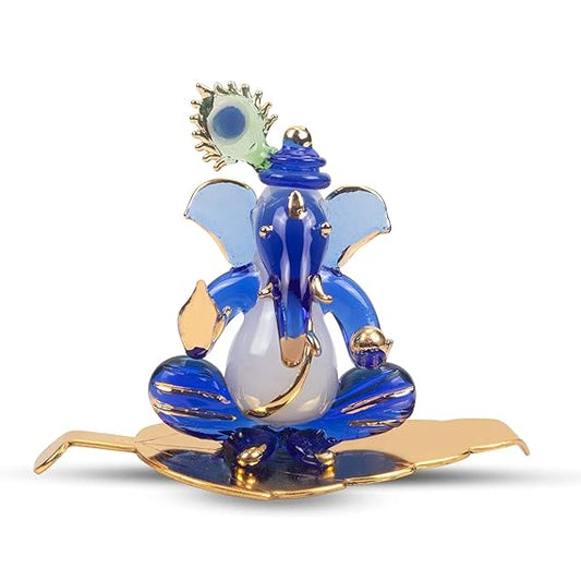 iCraft Ganesh Murti with Leaf | Handmade Crystal Glass Idol for Car & Home