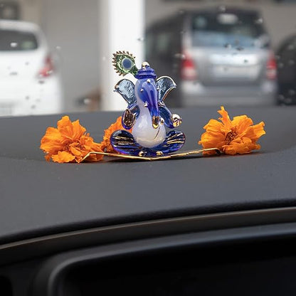 iCraft Ganesh Murti with Leaf | Handmade Crystal Glass Idol for Car & Home