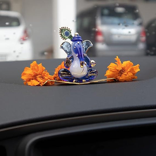 iCraft Ganesh Murti with Leaf | Handmade Crystal Glass Idol for Car & Home