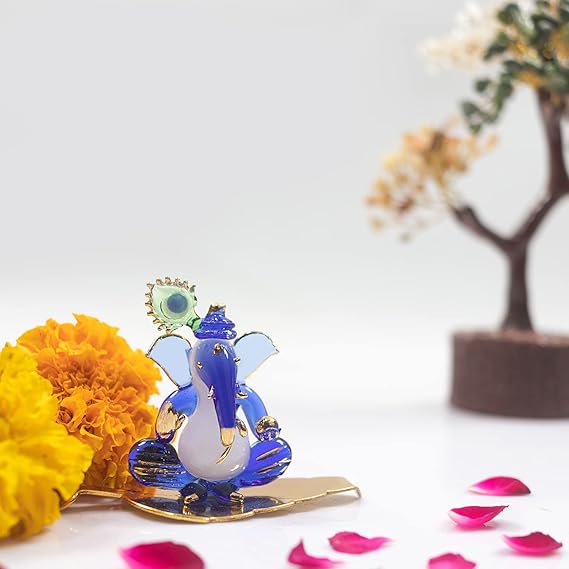 iCraft Ganesh Murti with Leaf | Handmade Crystal Glass Idol for Car & Home