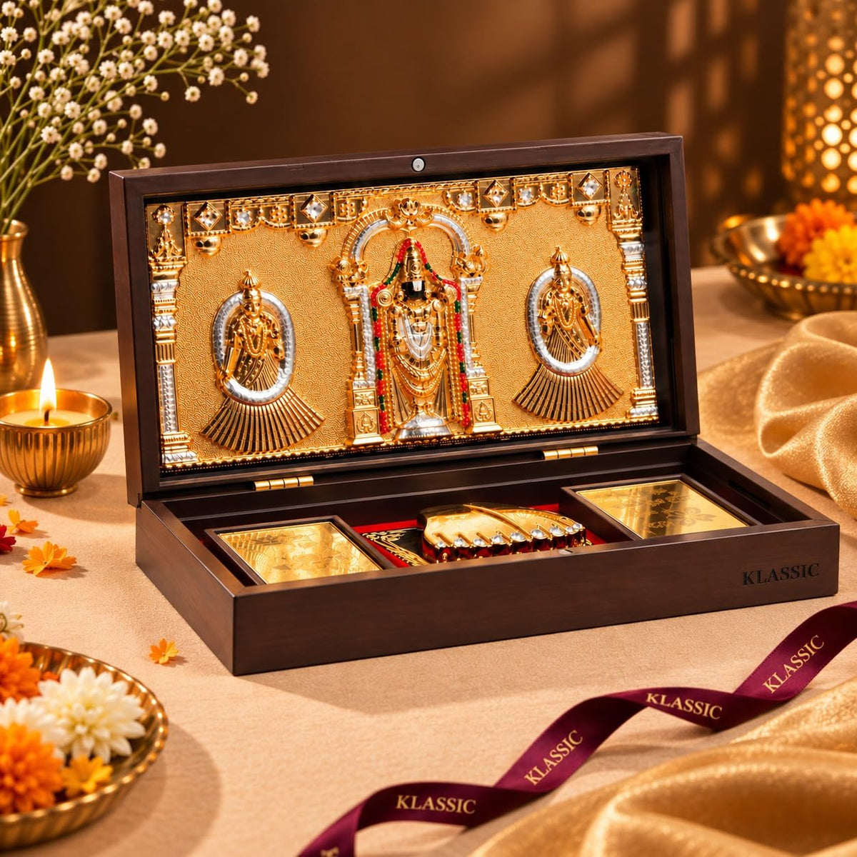 Klassic Lord Venkateswara Plastic Pooja Box with Charan Paduka & Gold Plated Frame