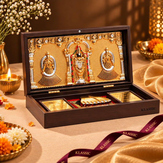 Klassic Lord Venkateswara Plastic Pooja Box with Charan Paduka & Gold Plated Frame