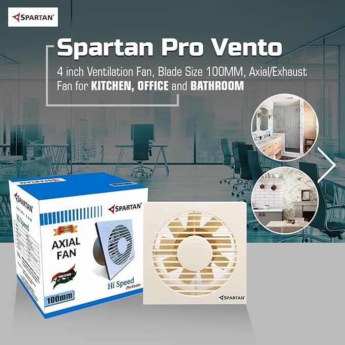 SPARTAN Pro Vento 4 inch Ventilation Fan | Blade Size 100MM | 6 Months Warranty | Axial/Exhaust Cooling Fan | Ivory Exhaust Fan | For Kitchen, Office and Bathroom