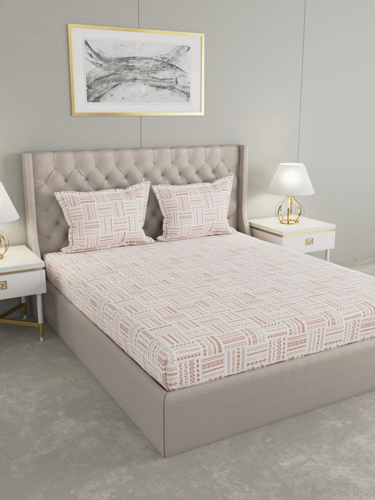 Raymond Home Elegance Double Bedsheet with 2 Pillow Covers | Geometric Patten 100% Cotton, King Sized, 300 TC, Cotton Rich (2.74 m X 2.74 m, 010408-BF02, Orange)