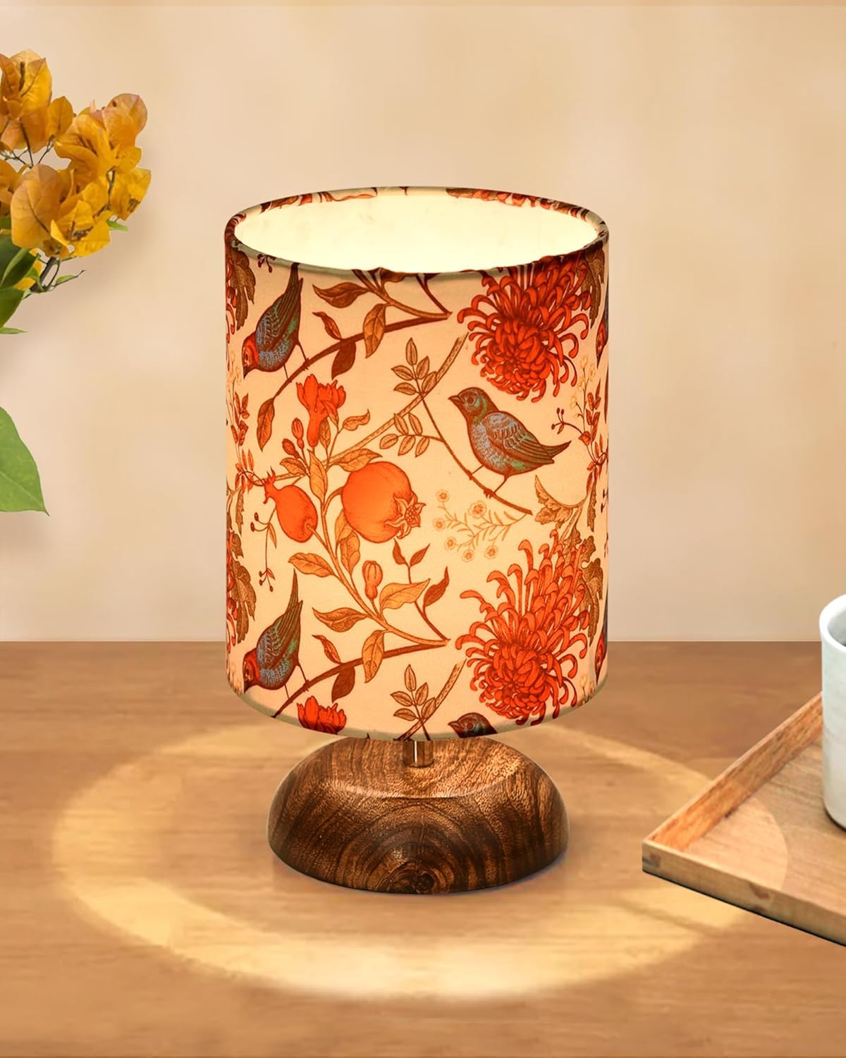 Lexton Birds & Floral Print Table Lamp | Wooden Base | Decorative Accent Light | Without Bulb