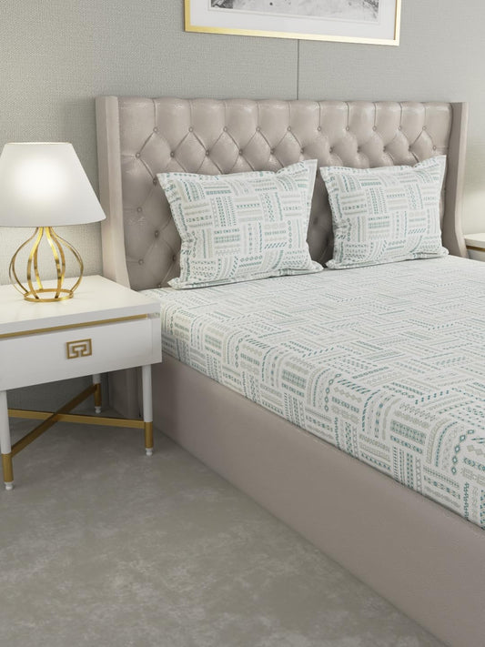 Raymond Home Elegance Double Bedsheet with 2 Pillow Covers | Geometric Patten 100% Cotton, King Sized, 300 TC, Cotton Rich (2.74 m X 2.74 m, 010408-BF01, Turquoise)