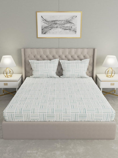 Raymond Home Elegance Double Bedsheet with 2 Pillow Covers | Geometric Patten 100% Cotton, King Sized, 300 TC, Cotton Rich (2.74 m X 2.74 m, 010408-BF01, Turquoise)