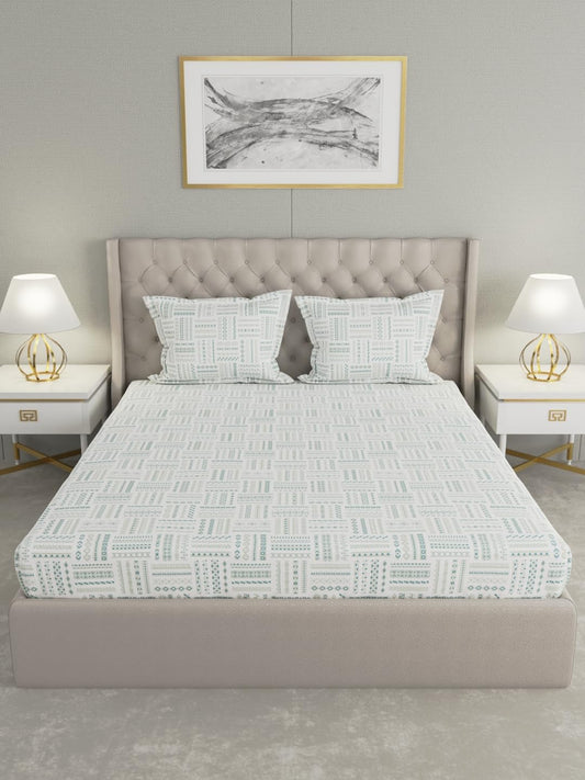 Raymond Home Elegance Double Bedsheet with 2 Pillow Covers | Geometric Patten 100% Cotton, King Sized, 300 TC, Cotton Rich (2.74 m X 2.74 m, 010408-BF01, Turquoise)