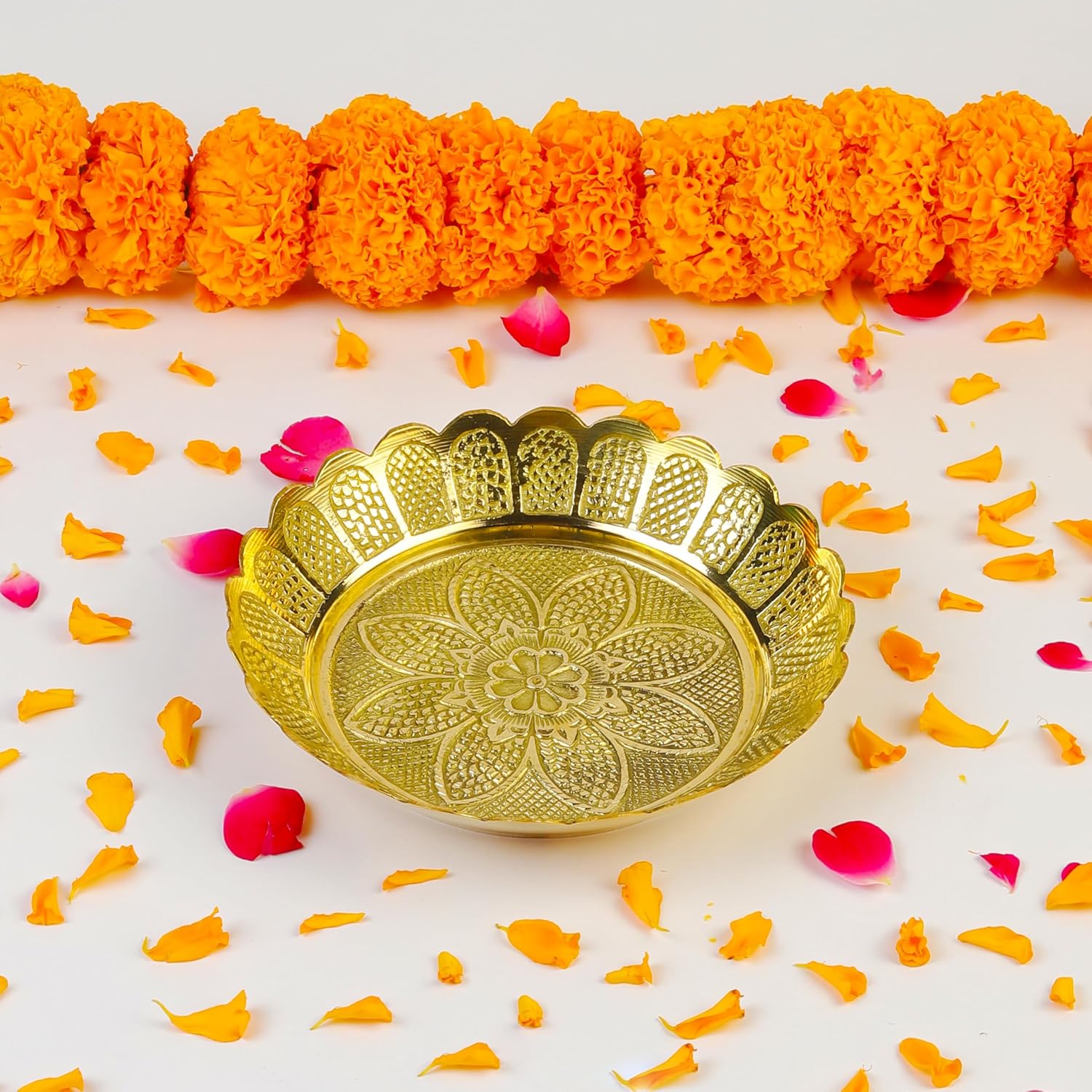 Klassic Engraved Small Brass Pooja Thali for Prasad Bhog, Diya Thali in Mandir (Gold), 5 Inch iCraft by Eagle