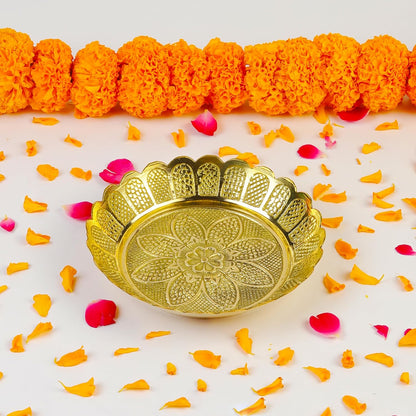 Klassic Engraved Small Brass Pooja Thali for Prasad Bhog, Diya Thali in Mandir (Gold), 5 Inch iCraft by Eagle