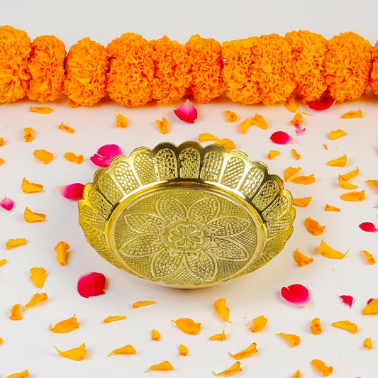Klassic Engraved Small Brass Pooja Thali for Prasad Bhog, Diya Thali in Mandir (Gold), 5 Inch iCraft by Eagle
