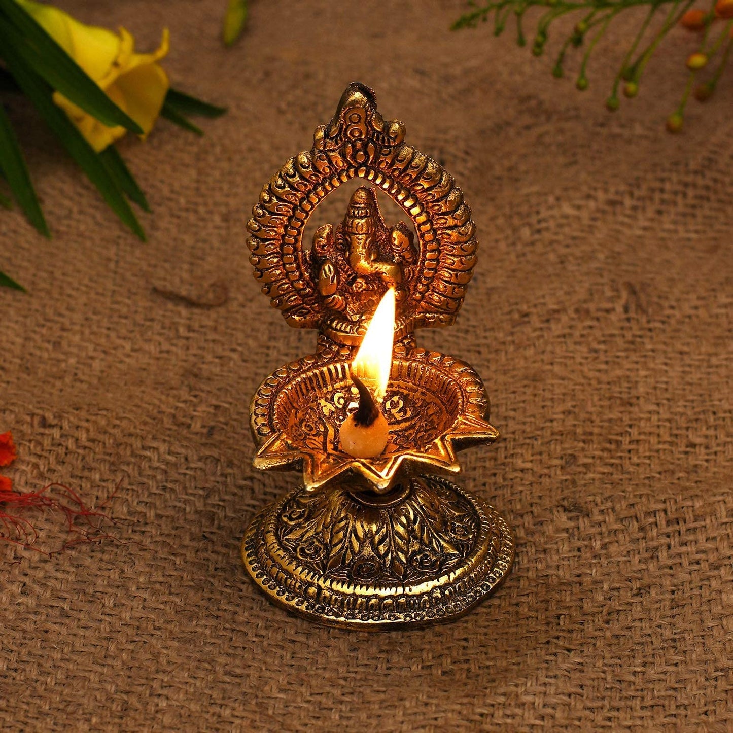 Klassic Antique Ganeshaji Metal Diya | Gold Plated 5 Batti Oil Lamp