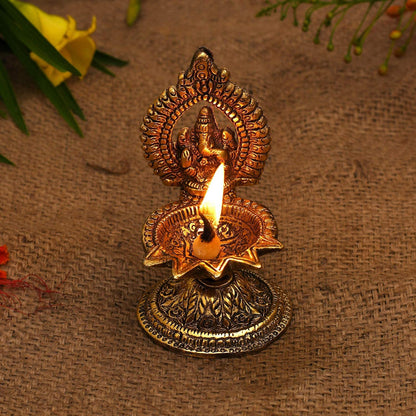 Klassic Antique Ganeshaji Metal Diya | Gold Plated 5 Batti Oil Lamp