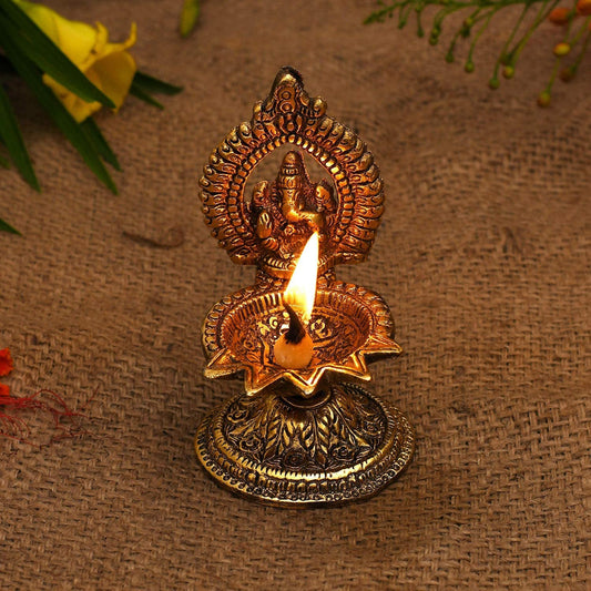 Klassic Antique Ganeshaji Metal Diya | Gold Plated 5 Batti Oil Lamp
