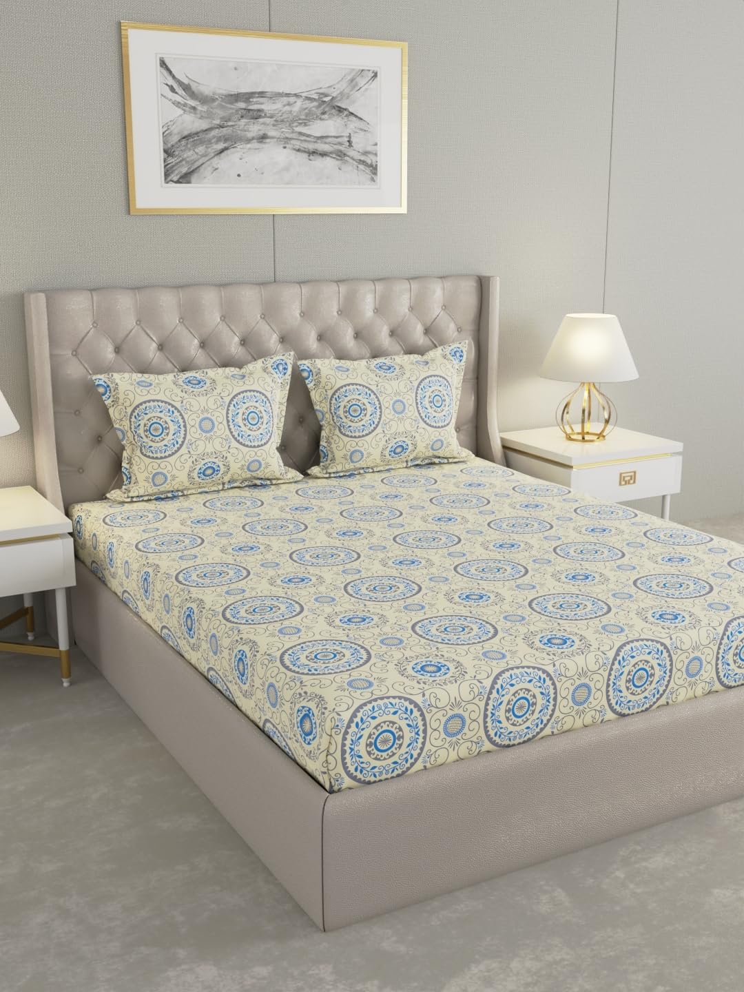 Raymond Home Cozzy Double Bedsheet with 2 Pillow Covers |100% Cotton, Queen Sized, 104 TC | 2.20 m X 2.40 m (Blue, 013235-BF03)
