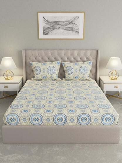 Raymond Home Cozzy Double Bedsheet with 2 Pillow Covers |100% Cotton, Queen Sized, 104 TC | 2.20 m X 2.40 m (Blue, 013235-BF03)