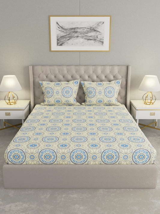 Raymond Home Cozzy Double Bedsheet with 2 Pillow Covers |100% Cotton, Queen Sized, 104 TC | 2.20 m X 2.40 m (Blue, 013235-BF03)