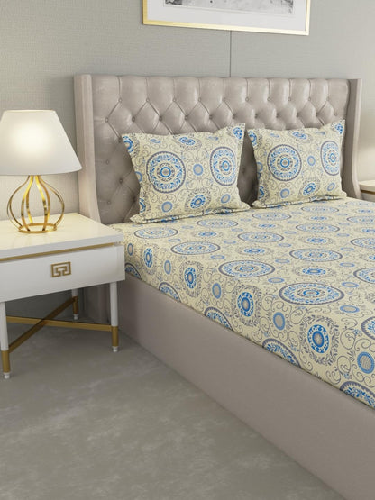 Raymond Home Cozzy Double Bedsheet with 2 Pillow Covers |100% Cotton, Queen Sized, 104 TC | 2.20 m X 2.40 m (Blue, 013235-BF03)