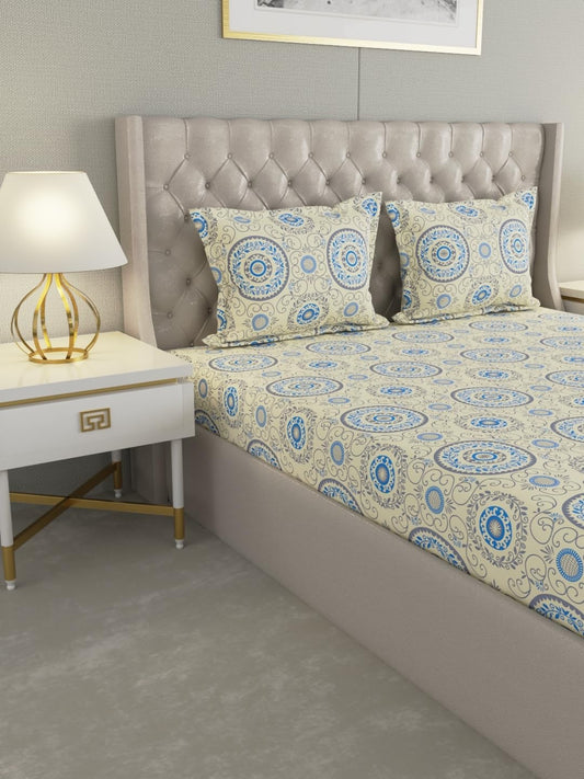 Raymond Home Cozzy Double Bedsheet with 2 Pillow Covers |100% Cotton, Queen Sized, 104 TC | 2.20 m X 2.40 m (Blue, 013235-BF03)