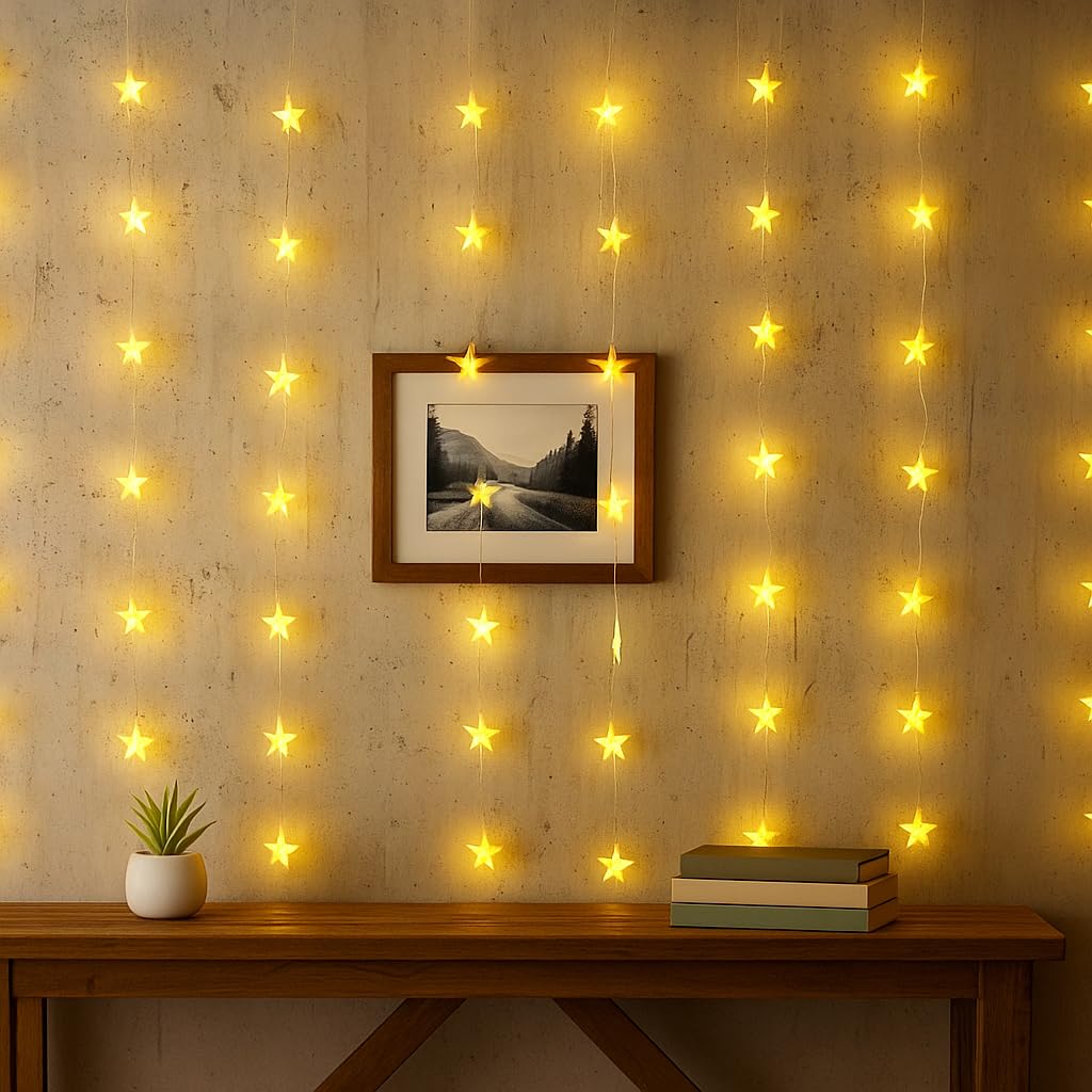 Lexton Warm White Star Curtain Lights | 80 LEDs, 8 Modes, USB Powered