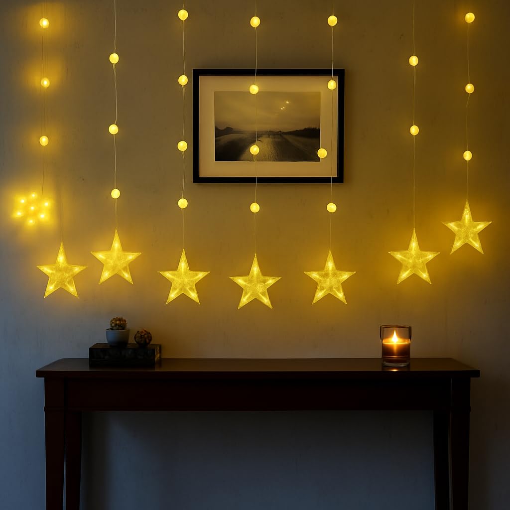 Lexton Warm White Star Curtain Lights | 81 LEDs, 8 Flash Modes for Home, Party & Festival Decor
