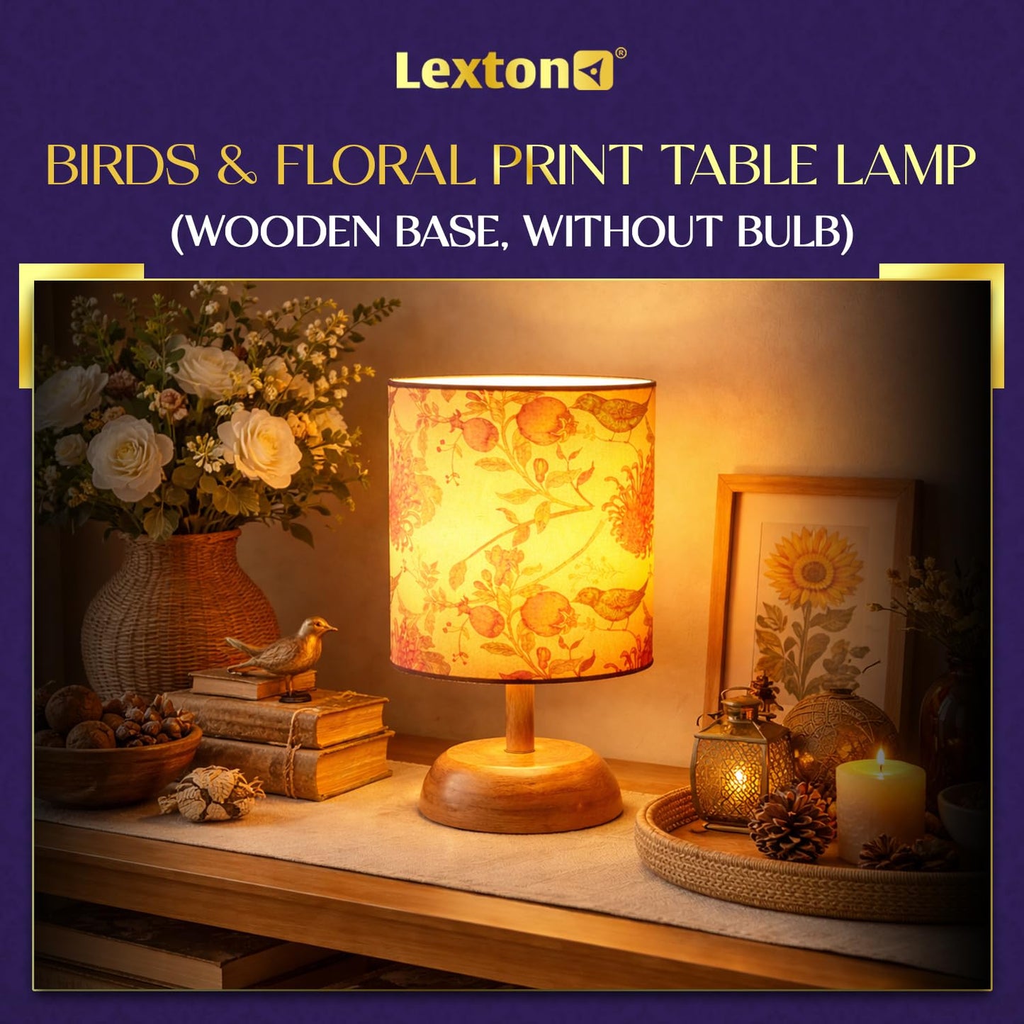 Lexton Birds & Floral Print Table Lamp | Wooden Base | Decorative Accent Light | Without Bulb