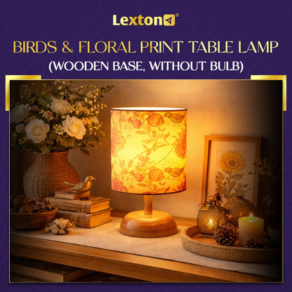 Lexton Birds & Floral Print Table Lamp | Wooden Base | Decorative Accent Light | Without Bulb