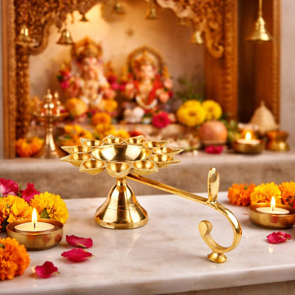 Klassic 9 Inch Brass Aarti Diya with 11 Small Batti & 1 Big Batti for Mandir, Aarti & Puja