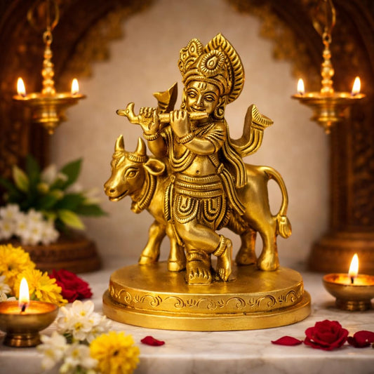 Klassic 2.5 Inch Pure Brass Krishna Statue with Cow – Handcrafted Idol