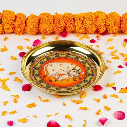 Klassic 8 Inch Handcrafted Brass Aarti Thali with Cow Design for Puja, Diwali & Navratri